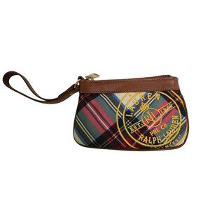 Ralph Lauren RL Polo Stewart Plaid Wristlet Brown Leather Accents Strap